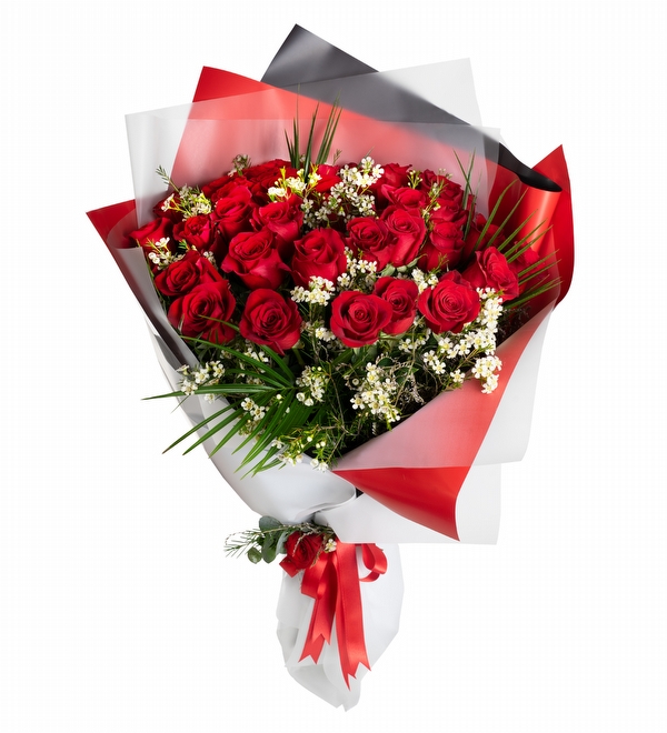 Kırmızı Beyaz Ambalajlı 30 lu Kırmızı Gül
