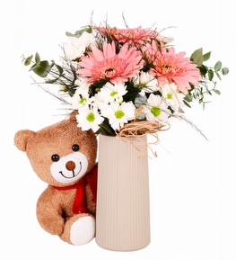 Bej Vazoda Papatya Gerbera ve Peluş Ayıcık
