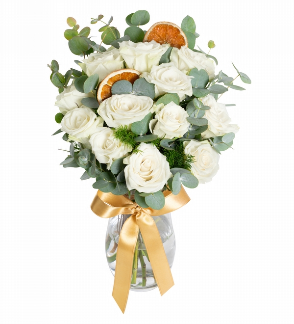 Vazo 12 Beyaz G�l Limon Ye�illik Kurdele