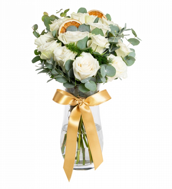 Vazo 12 Beyaz G�l Limon Ye�illik Kurdele