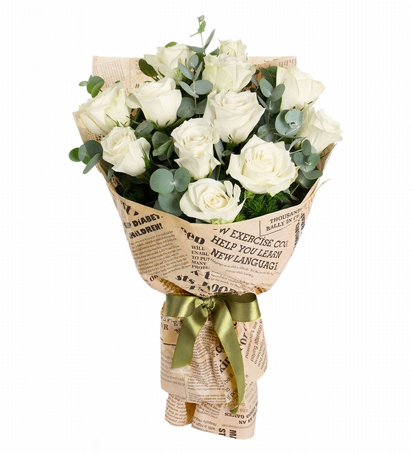 Bukette 12 Beyaz G�l Ye�il Kurdele