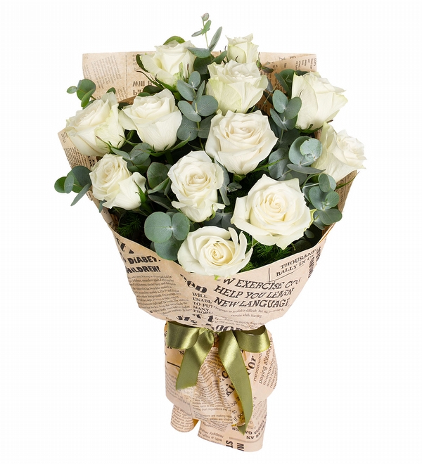 Bukette 12 Beyaz G�l Ye�il Kurdele