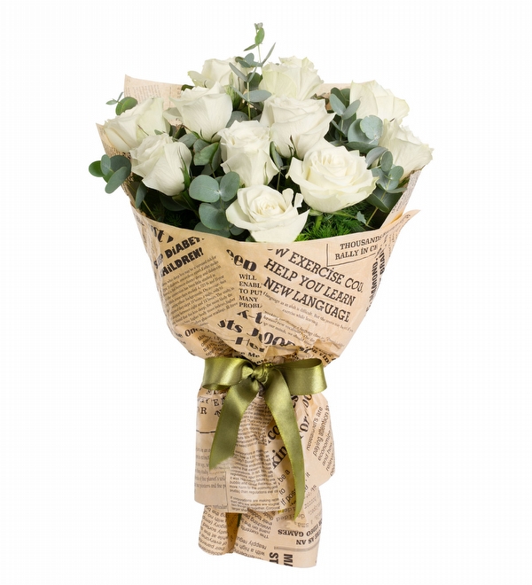 Bukette 12 Beyaz G�l Ye�il Kurdele