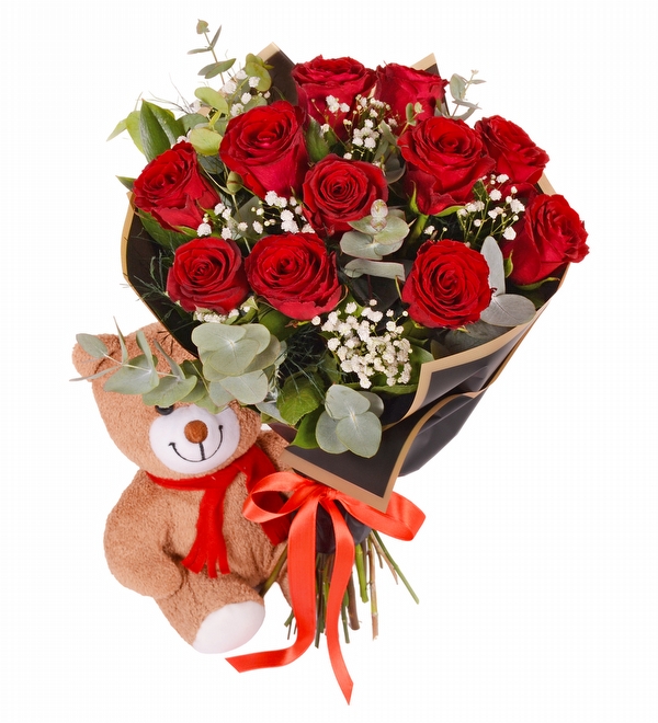 11 li K�rm�z� G�l Buketi ve Pelu� Ay�c�k