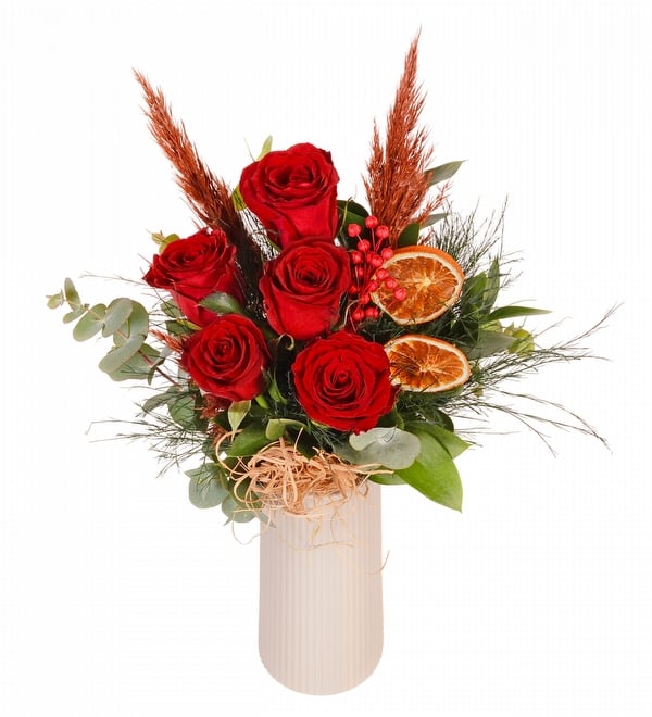 Bej Vazoda K�rm�z� G�l ve Kuru �i�ekler