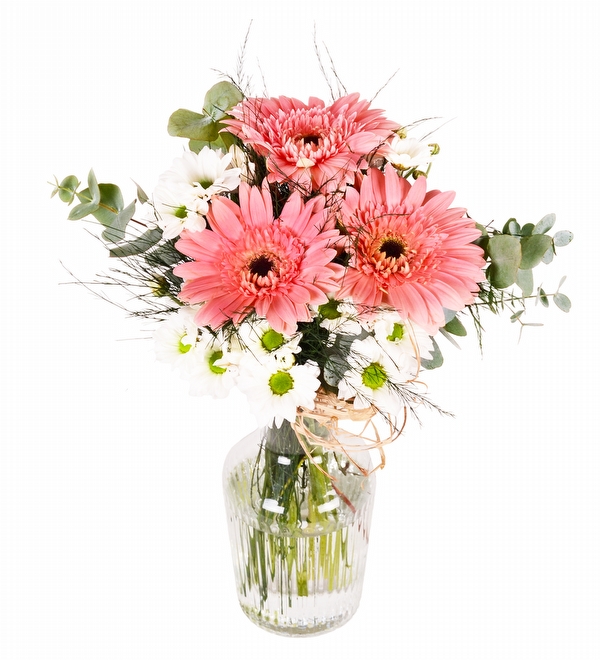 Tasar�m Vazoda Pembe Gerbera ve Beyaz Papatya