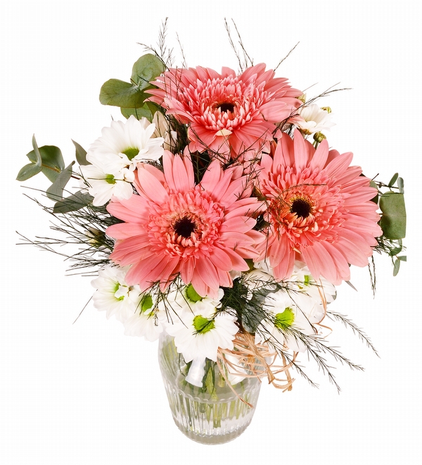 Tasar�m Vazoda Pembe Gerbera ve Beyaz Papatya