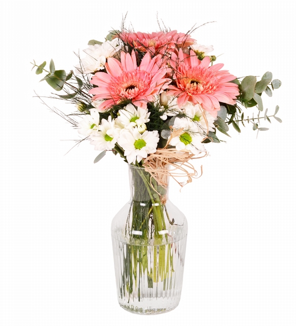 Tasar�m Vazoda Pembe Gerbera ve Beyaz Papatya