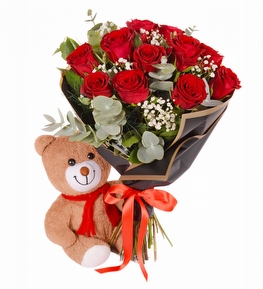 11 li K�rm�z� G�l Buketi ve Pelu� Ay�c�k