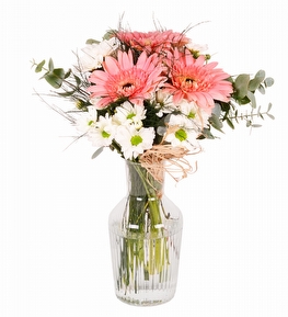 Tasar�m Vazoda Pembe Gerbera ve Beyaz Papatya